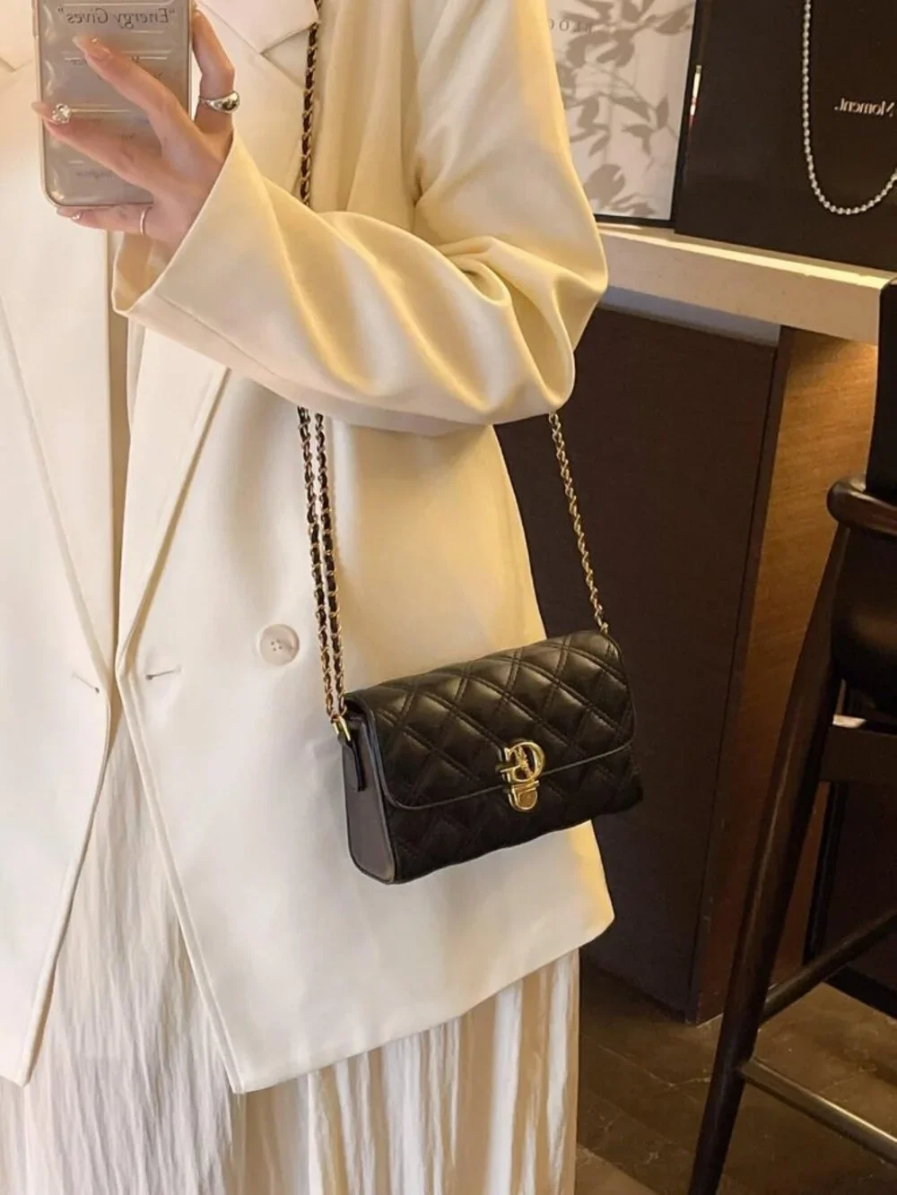 Quilted Mini Crossbody Bag with Gold Chain Strap & Top Handle Wallet - Small
